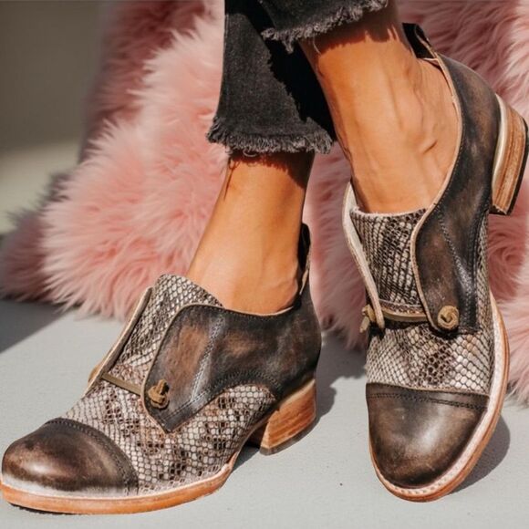 🐒 FREEBIRD Steven Mabel Brown snake Leather Distressed Slip On Oxford Shoes Sz 9 - Picture 2 of 13